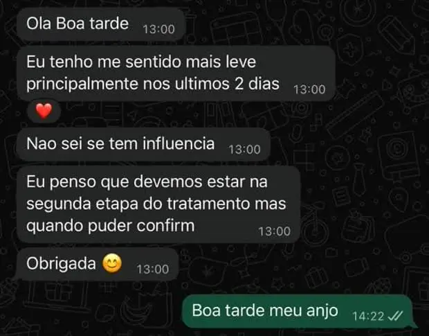 Cliente diz que tem se sentido mais leve nos &uacute;ltimos dias.